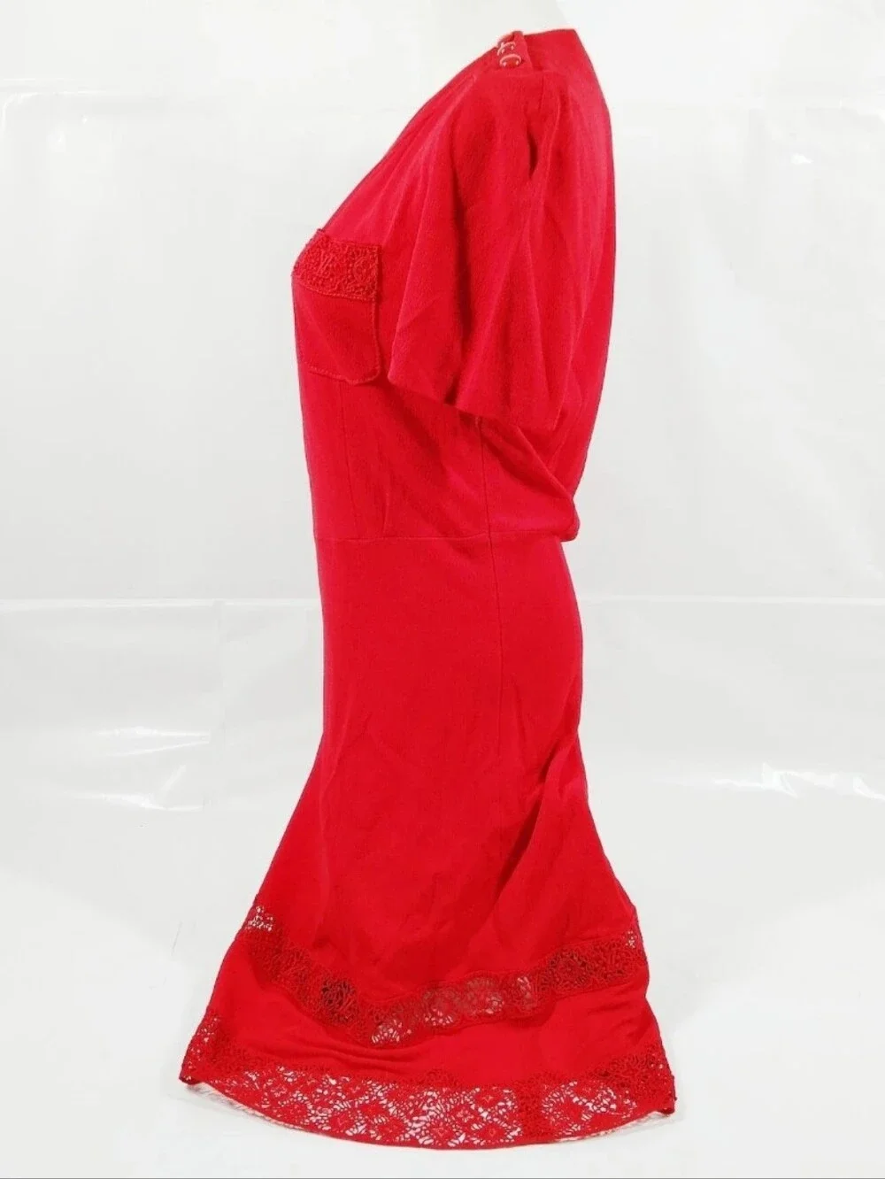 Louis Vuitton Red Short Sleeve Rayon Silk Cotton Polyester Lace Trim Midi Dress